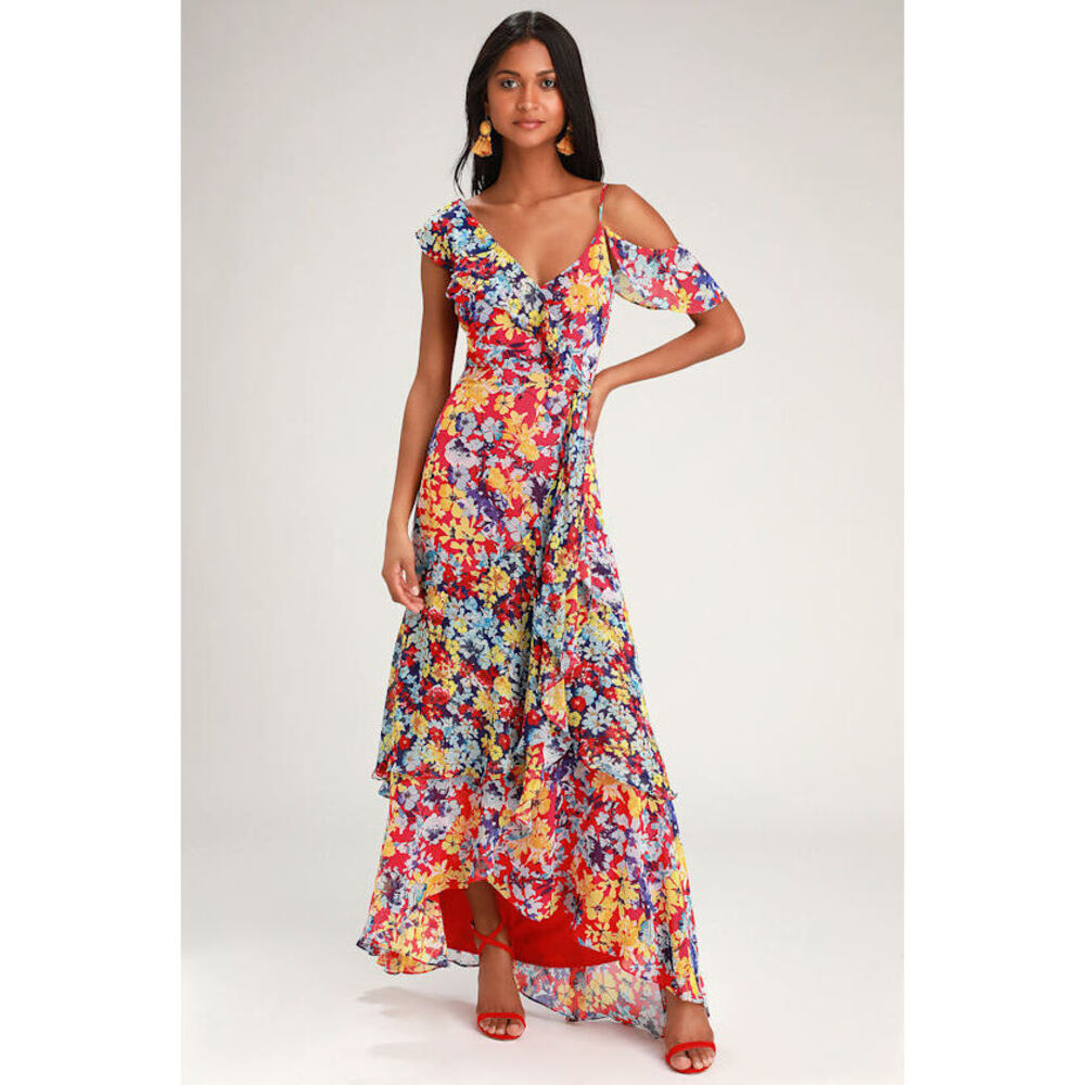 Lulus Radiant Ruby Red Floral Print Chiffon Maxi Dress - Size S